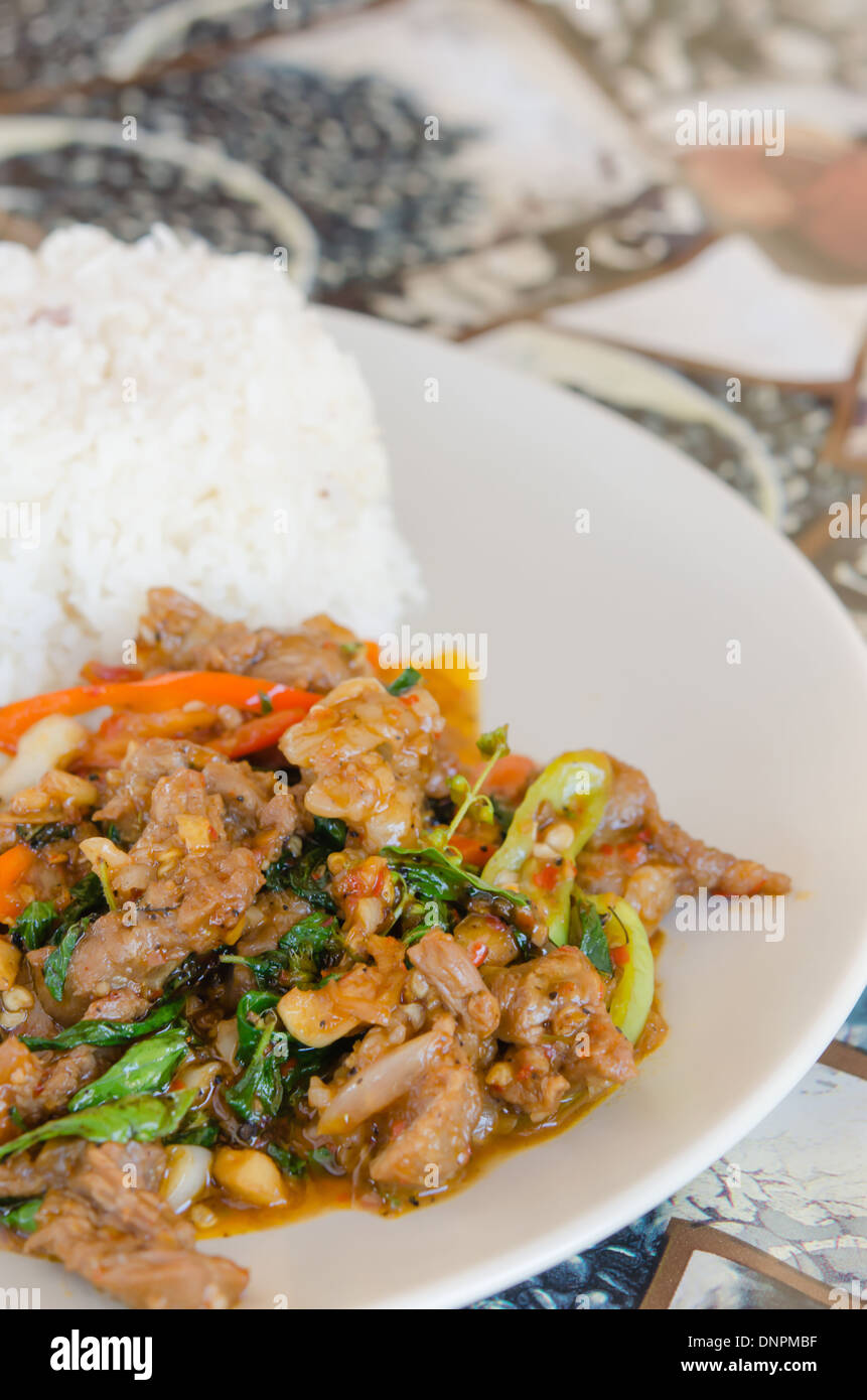 Rühren Sie gebratenes Rindfleisch, curry-Soße und Gemüse serviert mit Reis Stockfoto