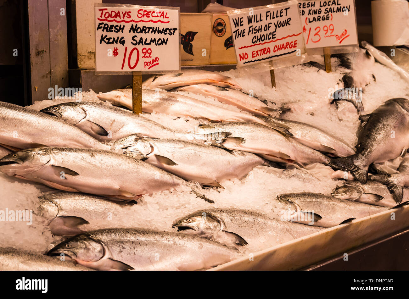 Frische King Salmon auf Eis in einem Fischhändler stall Pike Place Market Seattle, Washington, USA Stockfoto