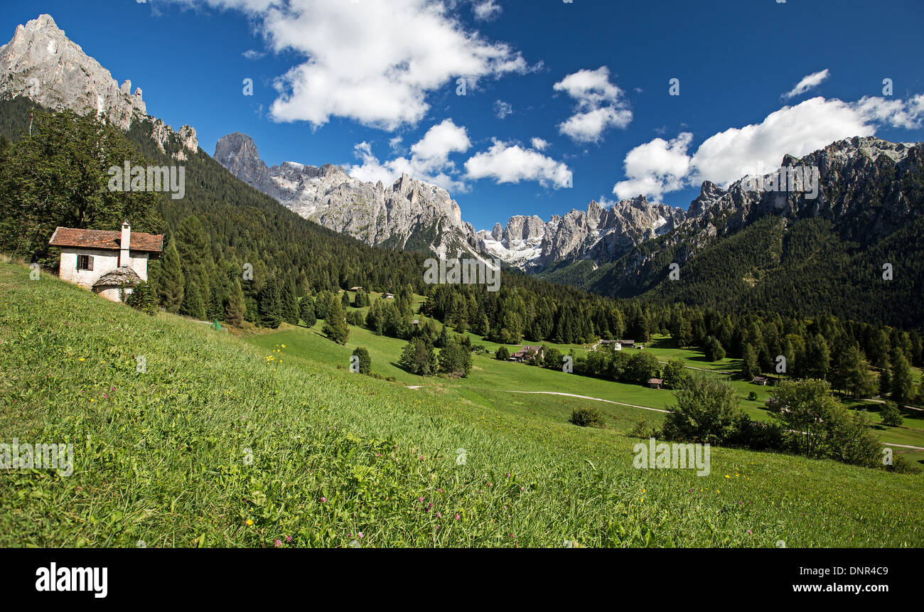 Das Val Canali Tal, Ansicht von Piereni. Die Pale di San Martino Berg Gruppe. Die Dolomiten des Trentino. Italienische Alpen. Stockfoto