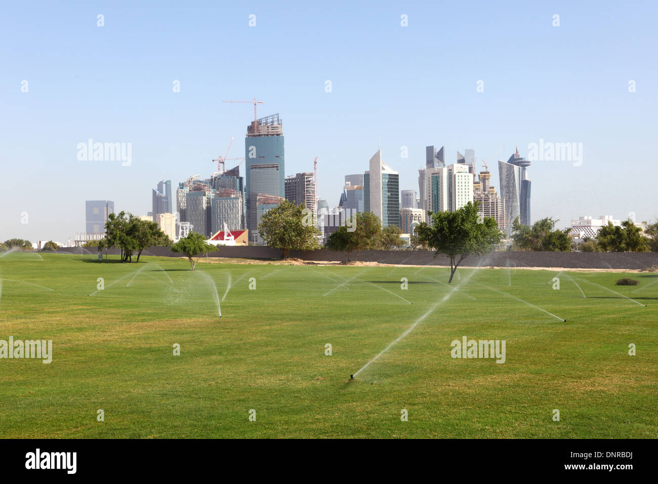 Ansicht von Doha aus dem grünen Rasen hinter der Stadt. Katar, Nahost Stockfoto
