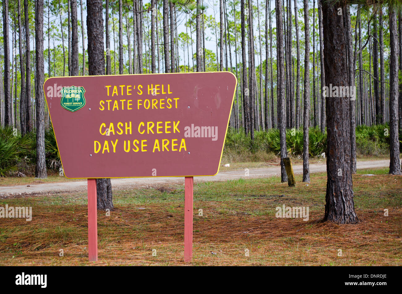 Tates Hölle State Park Bar Creek Zeichen an Bord Apalachicola Florida USA Stockfoto