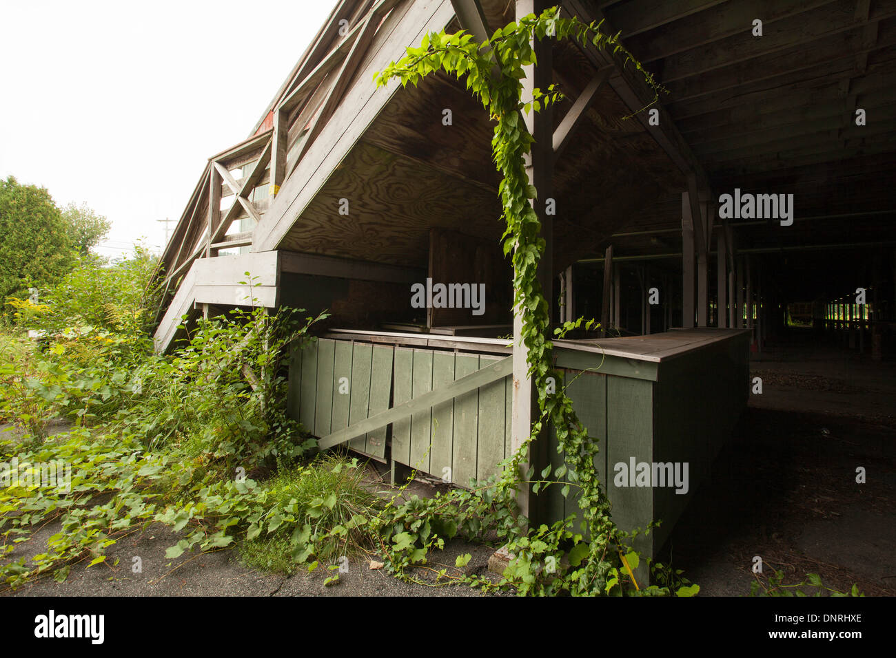 Unter verfolgen die Ständen der eine verlassene Pferd am alten Messegelände in Great Barrington, Massachusetts Stockfoto