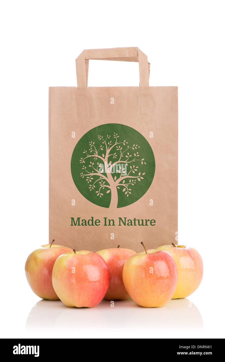 Papier-Tasche mit Äpfeln isoliert auf weißem Hintergrund. Bio-Konzept. Stockfoto