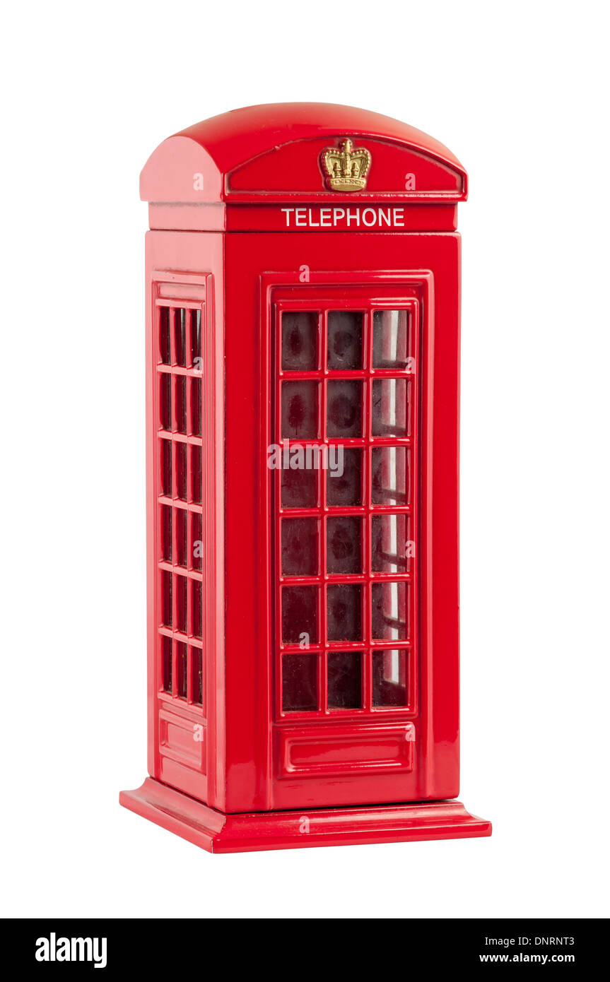 Kässeli, rote britische Telefonzelle isoliert auf weißem Hintergrund mit Beschneidungspfad darstellt Stockfoto