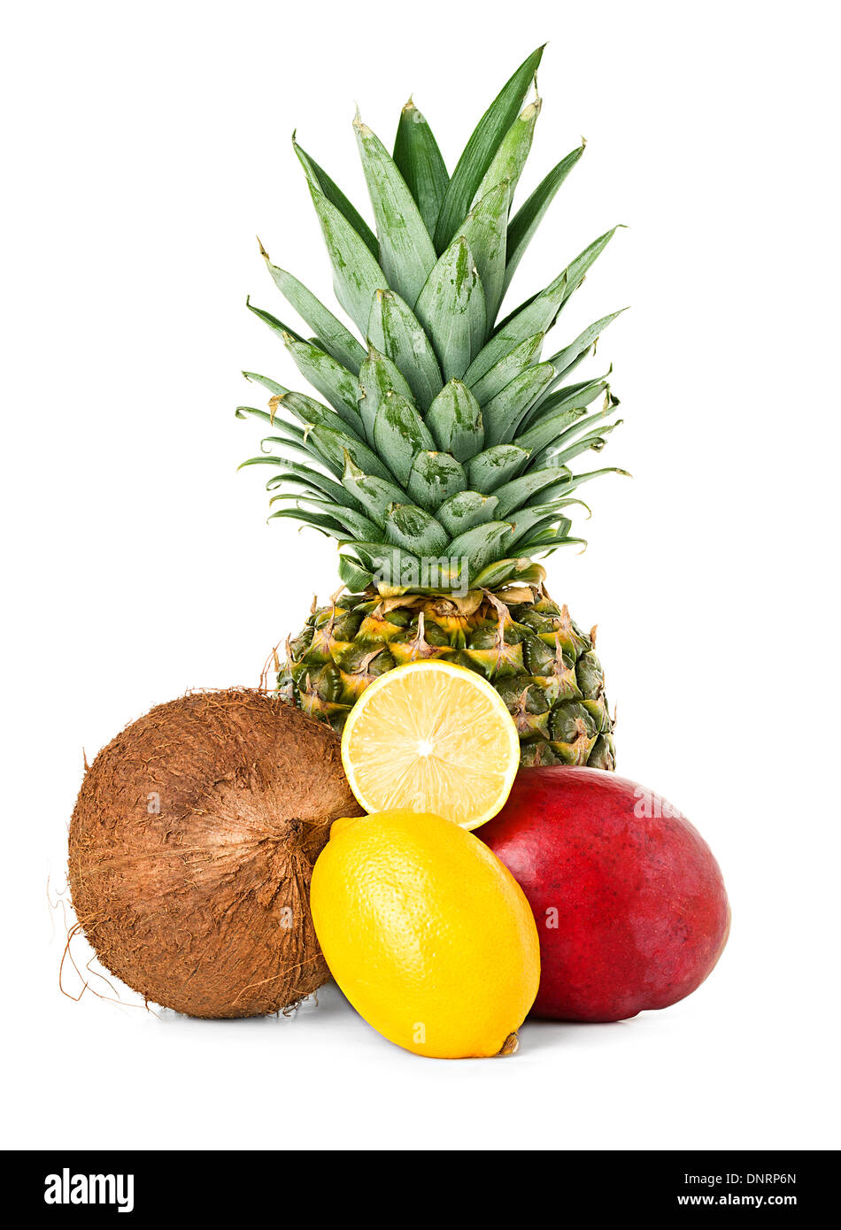Auswahl an exotischen Früchten und Kokosnuss isoliert Stockfoto