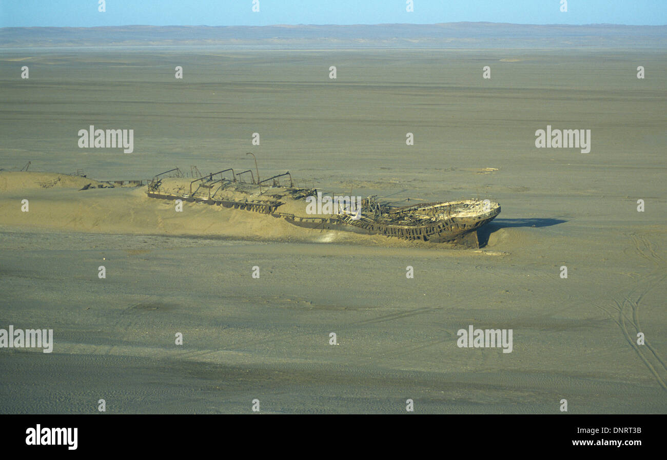 Luftaufnahme von Eduard Bohlen Boot Wrack am Ufer im September 1909 Konzeption Bucht, Namibia, Afrika Stockfoto