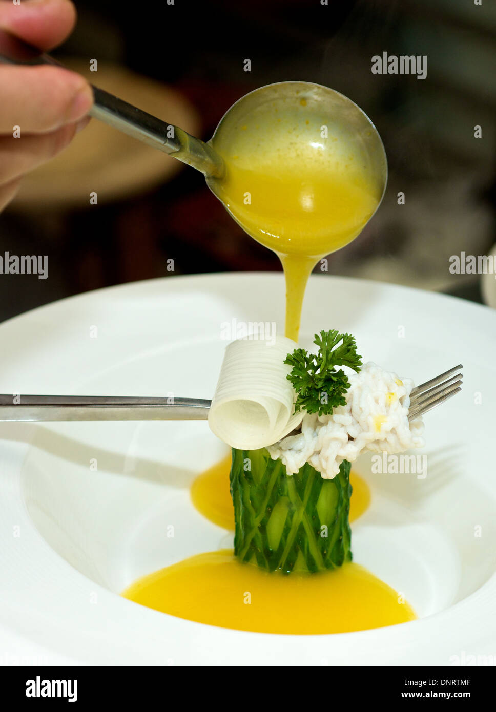 Gourmet-Zubereitung von Speisen mit sauce Stockfoto