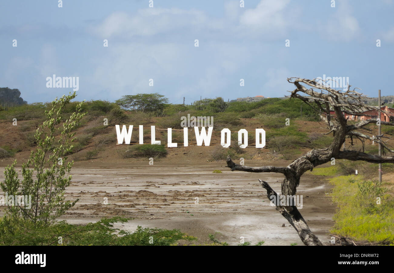 Das Zeichen in der Nähe des Flamingo Lebensraum auf der karibischen Insel Curacao, Williwood. Stockfoto