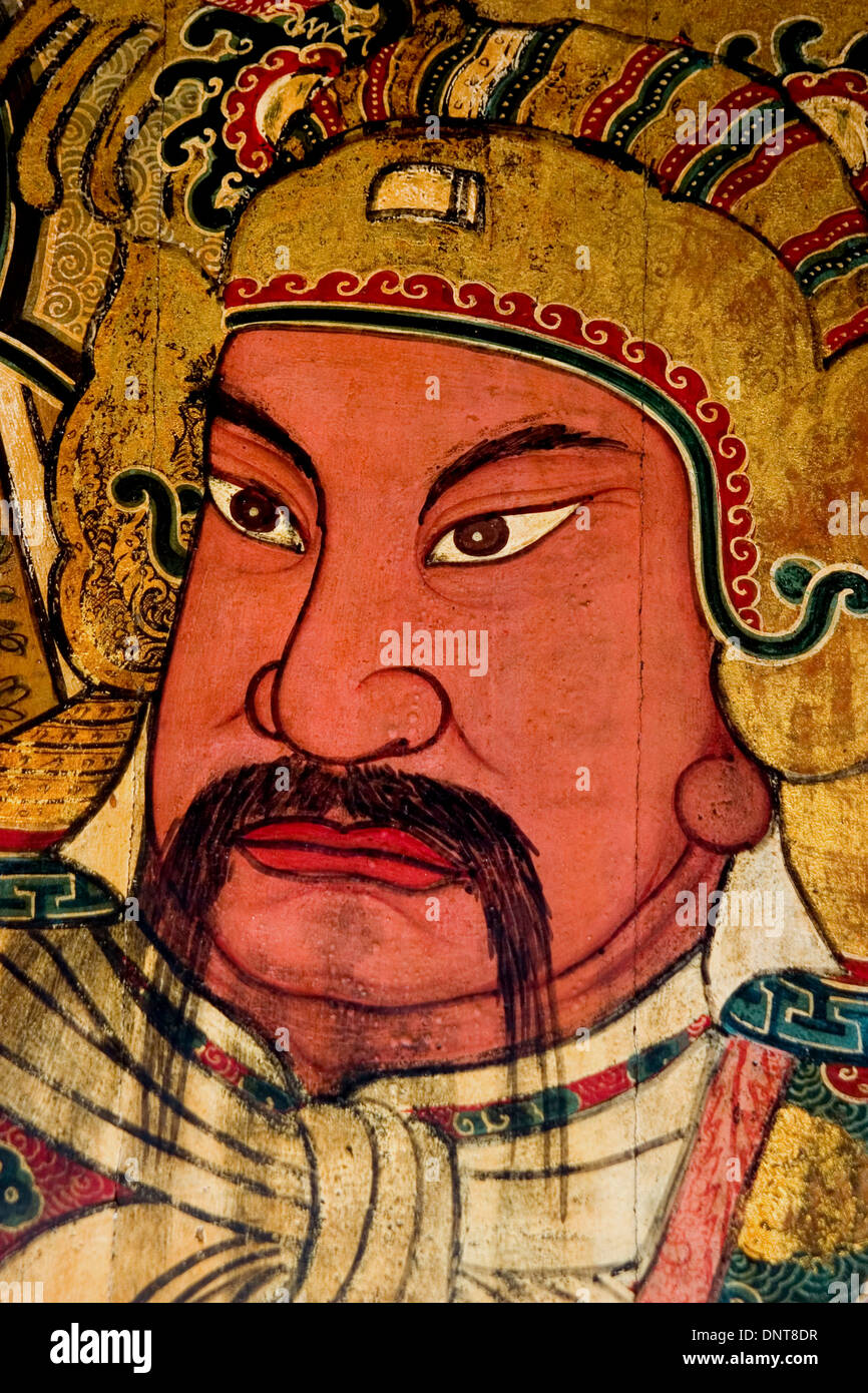Bild von Guan Yu auf eine Tür des Tempels in Bangok Stockfoto