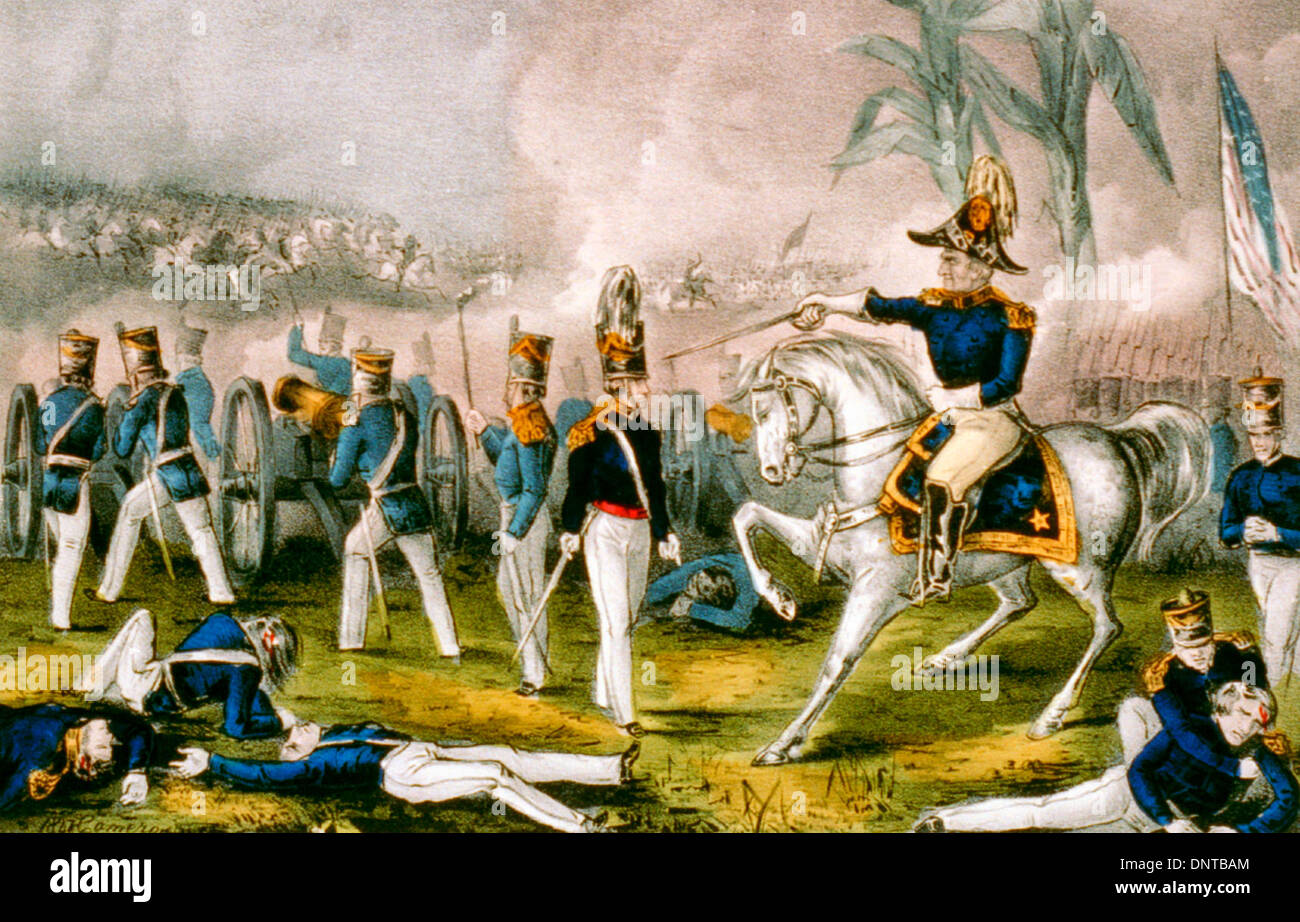 "Ein wenig mehr Trauben Kapitän Bragg" - General Taylor bei der Schlacht von Buena Vista, 23. Februar 1847.  Allgemeine ZacharyTaylor auf dem Pferderücken, mitten in der Schlachtszene. Stockfoto
