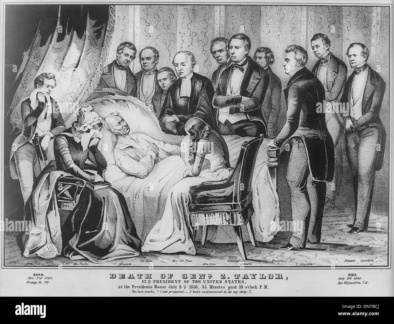 Der Tod von General Zachary Taylor - Taylor auf seinem Todesbett, im Weißen Haus, Juli 1850. Stockfoto