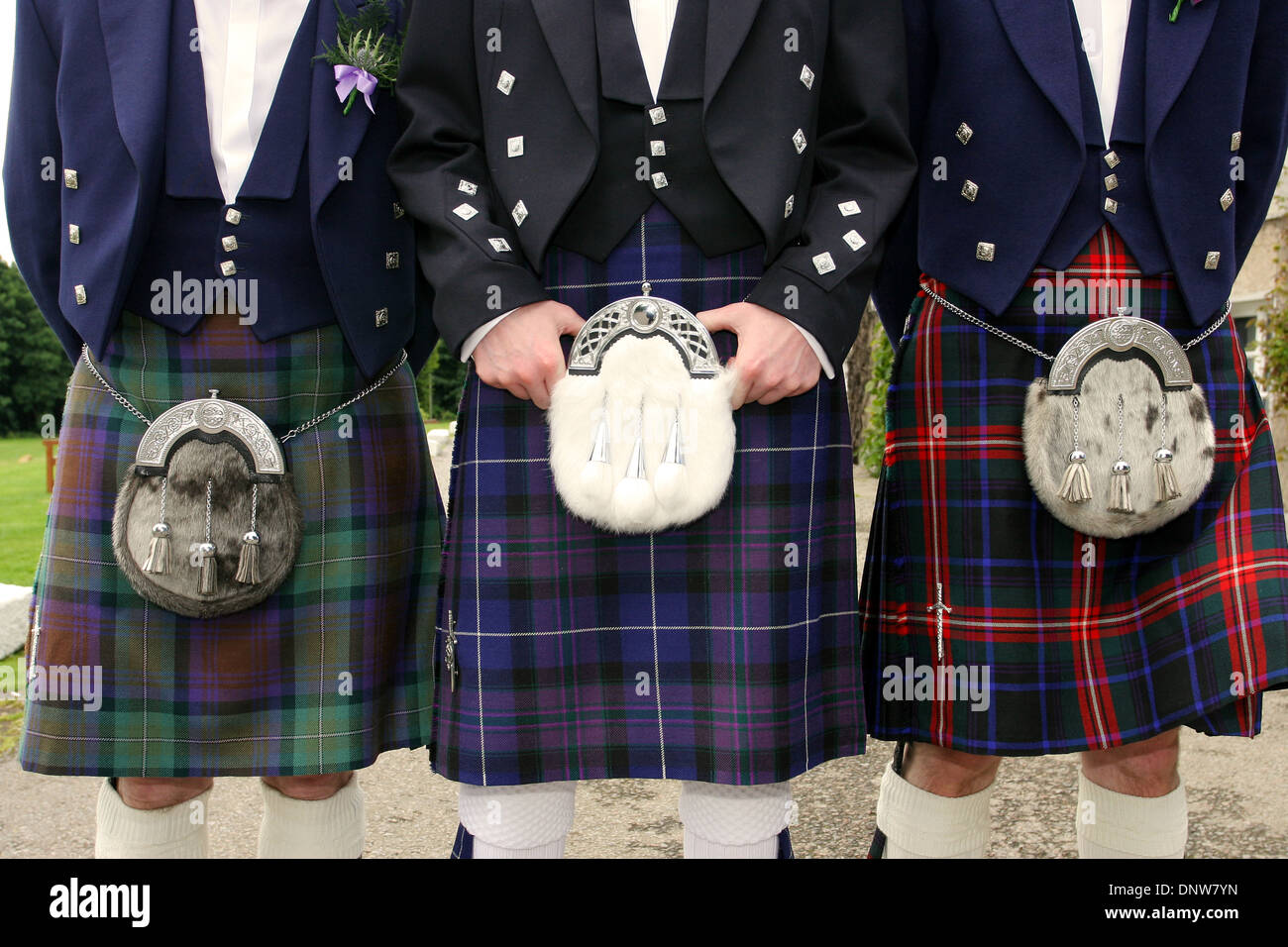 Kilts und Sporrans bei schottische Hochzeit. Schottland Stockfoto, Bild