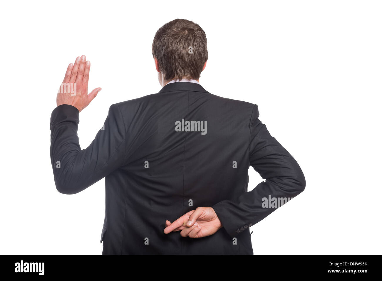 Geschäftsmann mit gekreuzten Fingern und Stop Geste Stockfoto