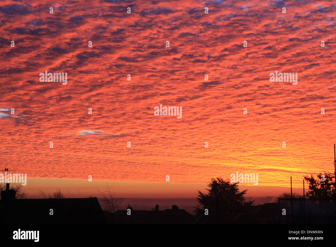 Eine atemberaubend schöne Decke von red Cloud bei Sonnenaufgang an einem Wintermorgen in Eastleigh, Hampshire, UK Stockfoto