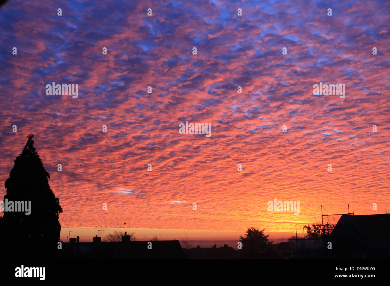 Roter Himmel am Morgen über Eastleigh, Hampshire, UK Stockfoto
