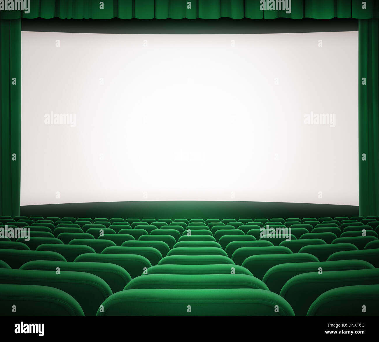 Kinoleinwand mit offenen grünen Vorhang und Sitze Stockfoto