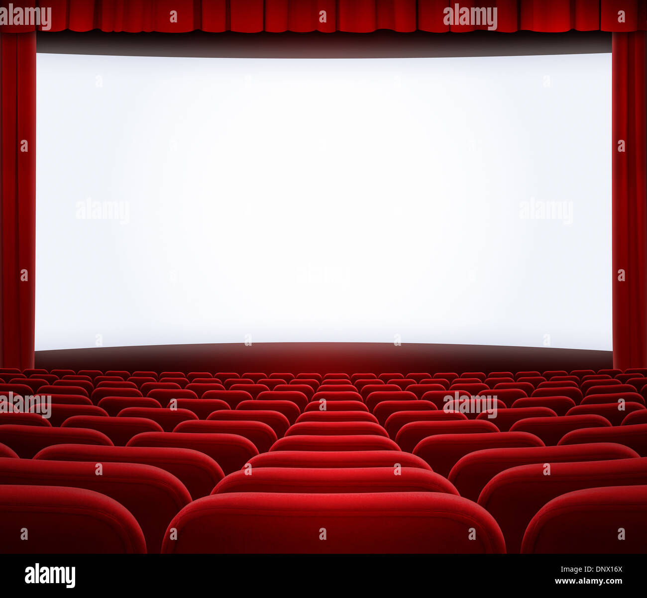 Kino-Leinwand mit roten Vorhang Rahmen und Sitze Stockfoto