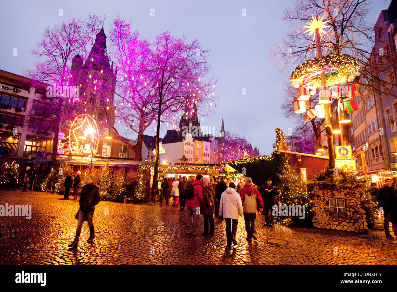 Kölner Weihnachtsmarkt in der Dämmerung, dem alten Markt, Alter Markt, Köln (Köln), Deutschland, Europa Stockfoto