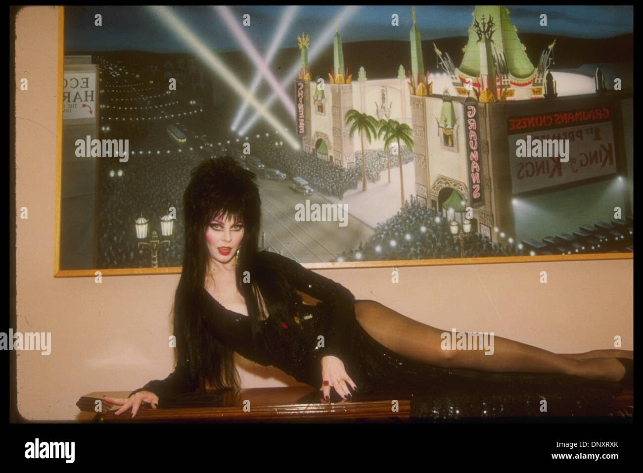 September 1988; Hollywood, Kalifornien, USA; CASSANDRA PETERSON gekleidet wie ihr Charakter, "Elvira, Mistress of the Dark" auf eine unbekannte Veranstaltung am September 1988. Obligatorische Credit: Kathy Hutchins/ZUMA Press. (©) Kathy Hutchins Stockfoto