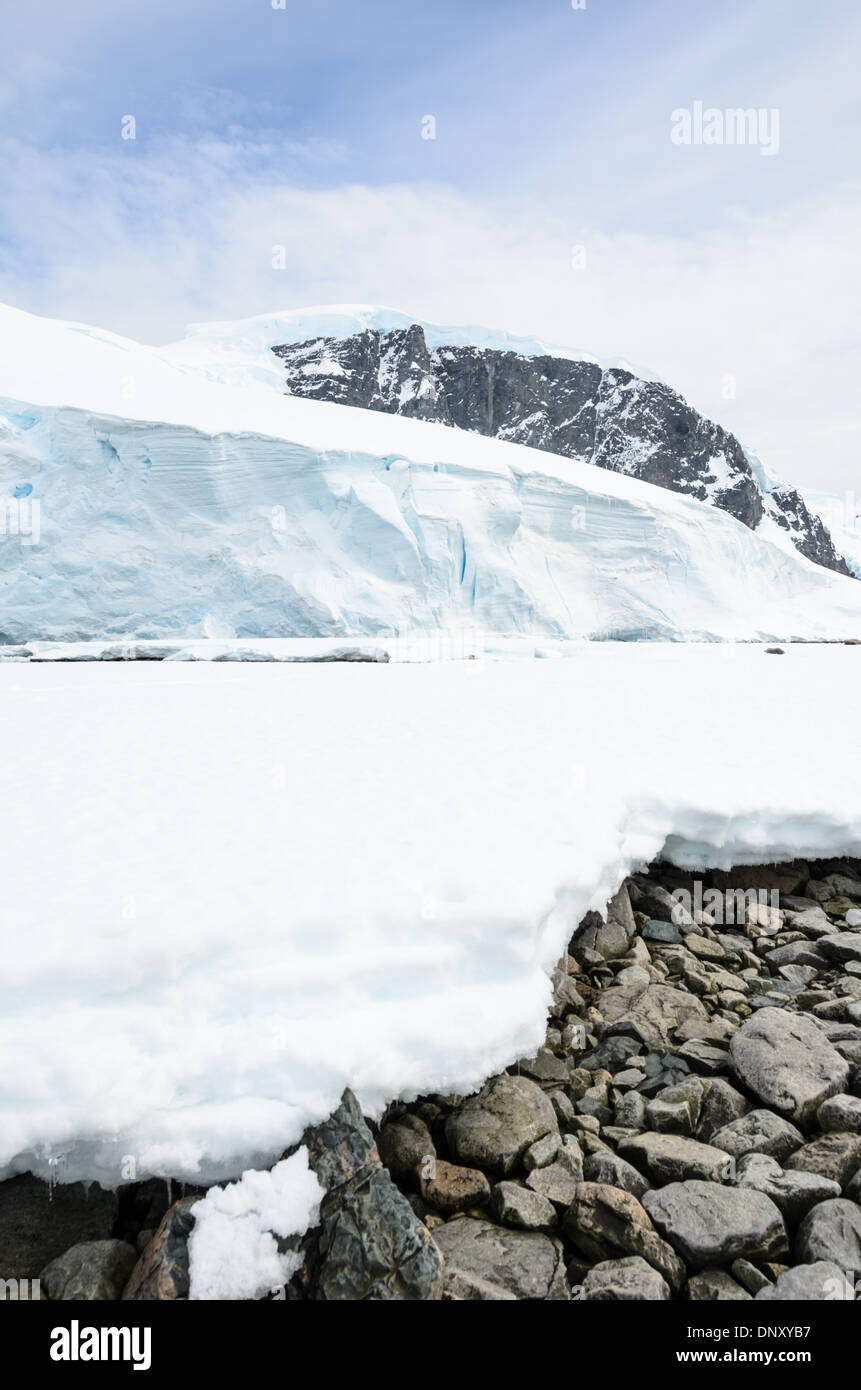 Antarktis - Eine erstreckt sich über die Felsen am Ufer, mit einem Berg im Hintergrund Cuverville Island droht auf der Antarktischen Halbinsel. Stockfoto