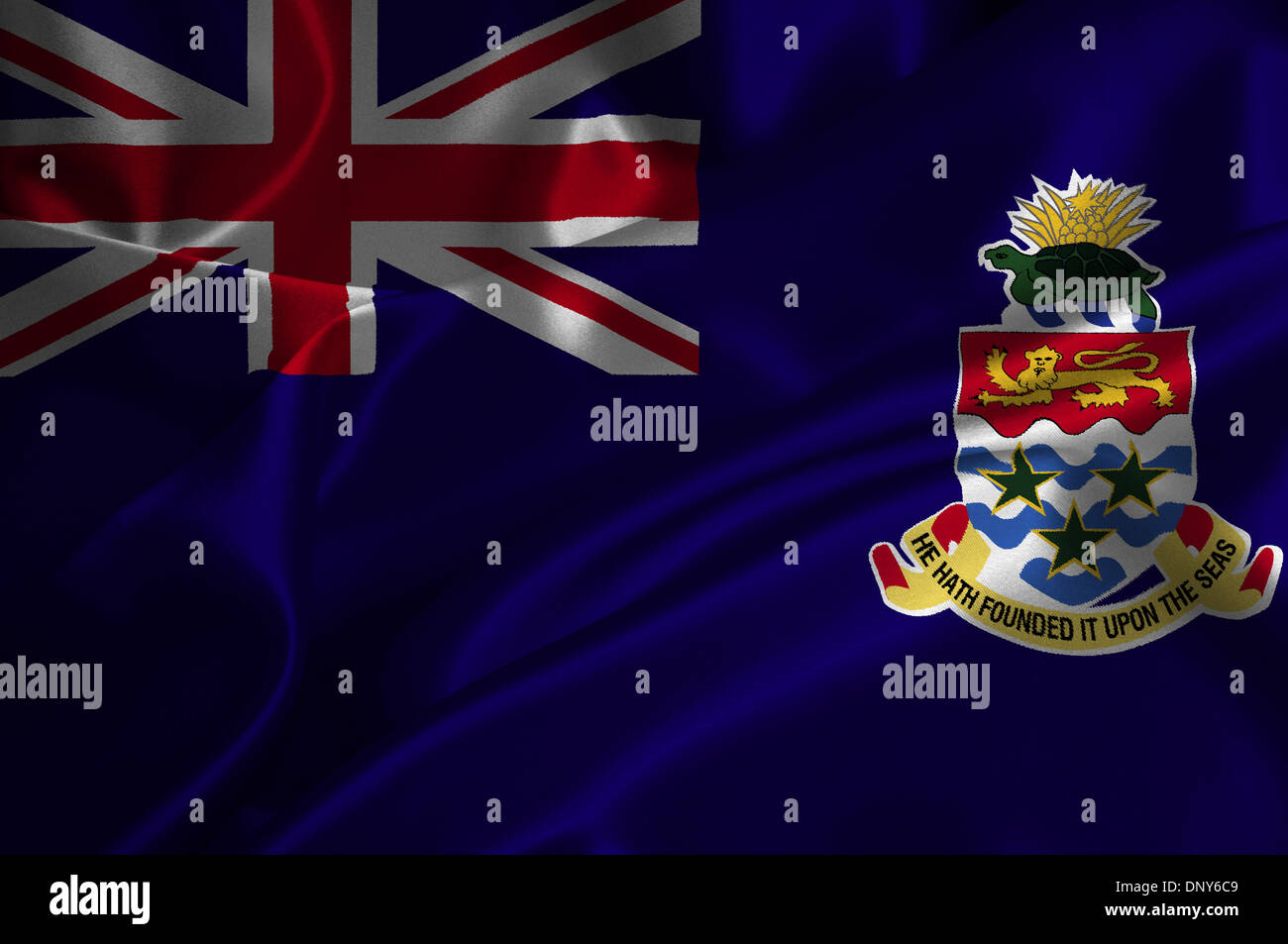 Cayman Islands Flagge auf seidige Textur. Stockfoto