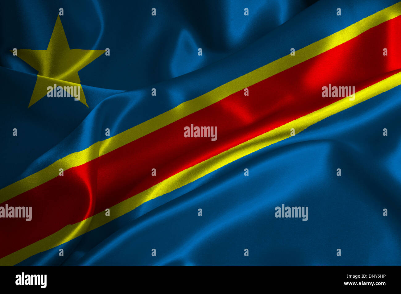 Demokratische Republik Kongo Flagge auf seidige Textur. Stockfoto