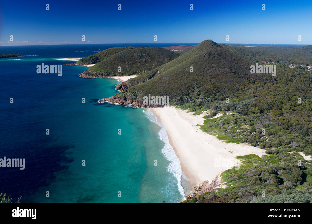Zenith Strand, Wreck Beach, Box Beach und Fingal Rotze von Tomaree Head Aussichtspunkt Port Stephens New South Wales NSW Australia Stockfoto