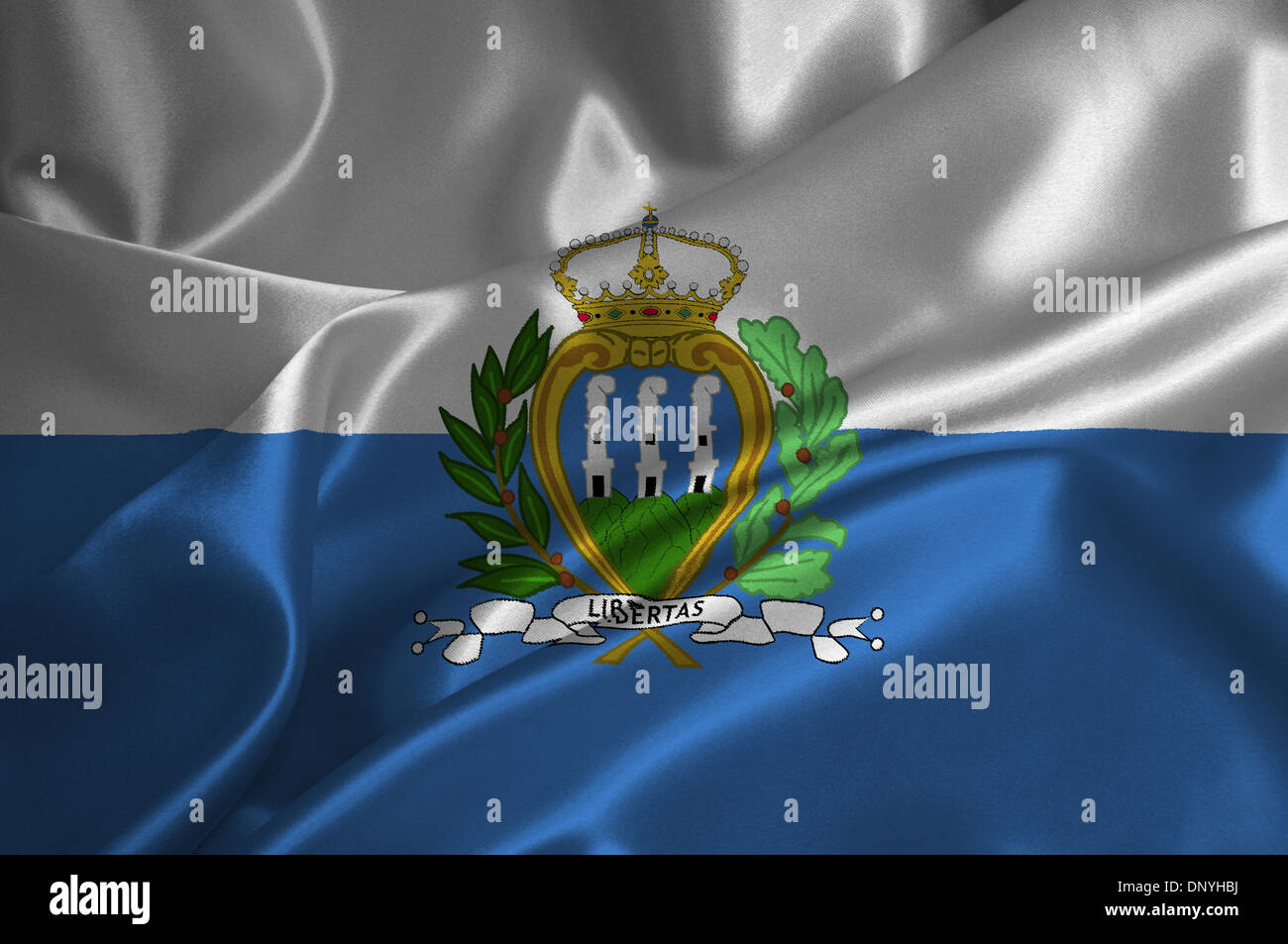 San Marino Flagge auf seidige Textur. Stockfoto