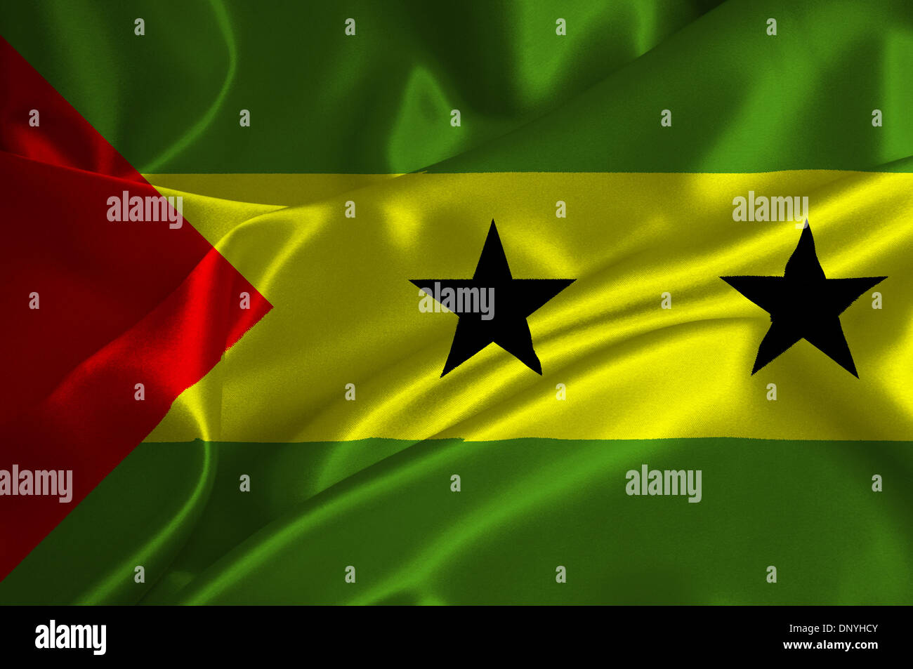 Sao Tome und Principe-Flagge auf seidige Textur. Stockfoto