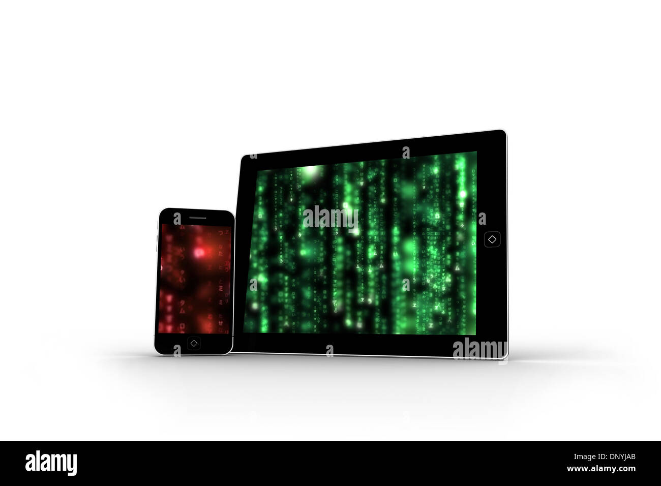 Matrix auf Tablet- und Smartphone-Bildschirme Stockfoto