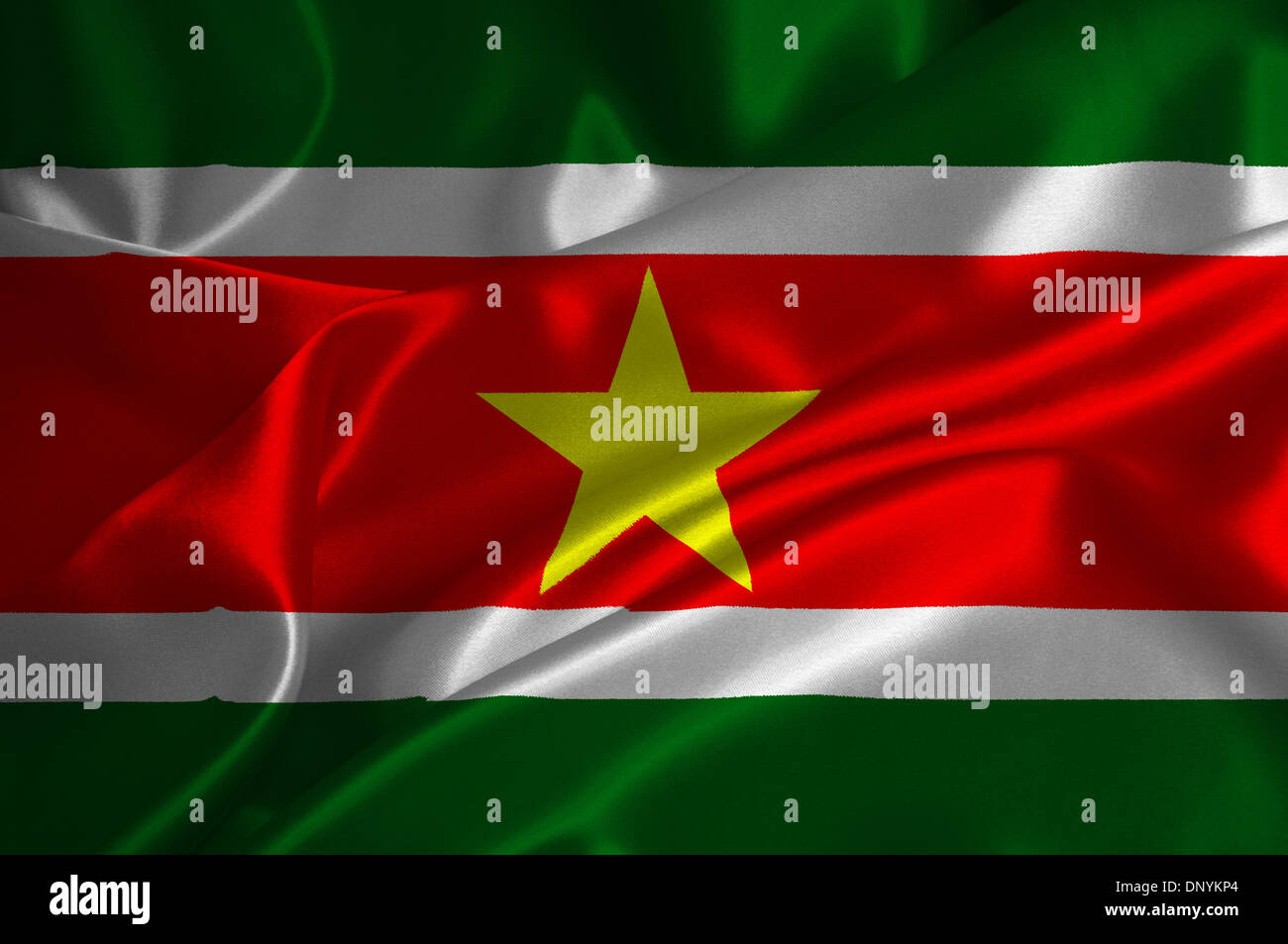 Suriname-Flagge auf seidige Textur. Stockfoto