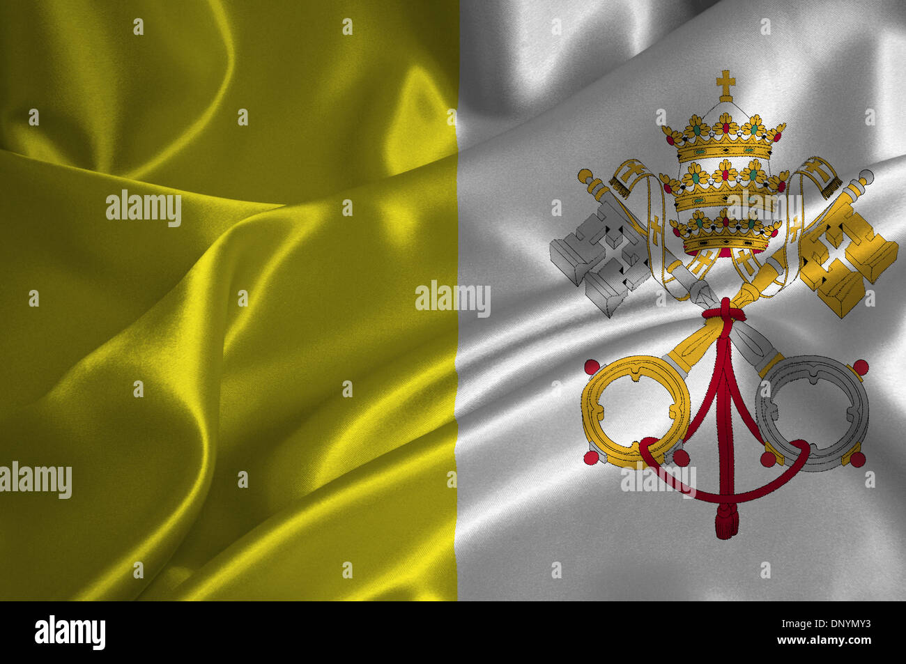 Vatikanstadt-Flagge auf seidige Textur. Stockfoto