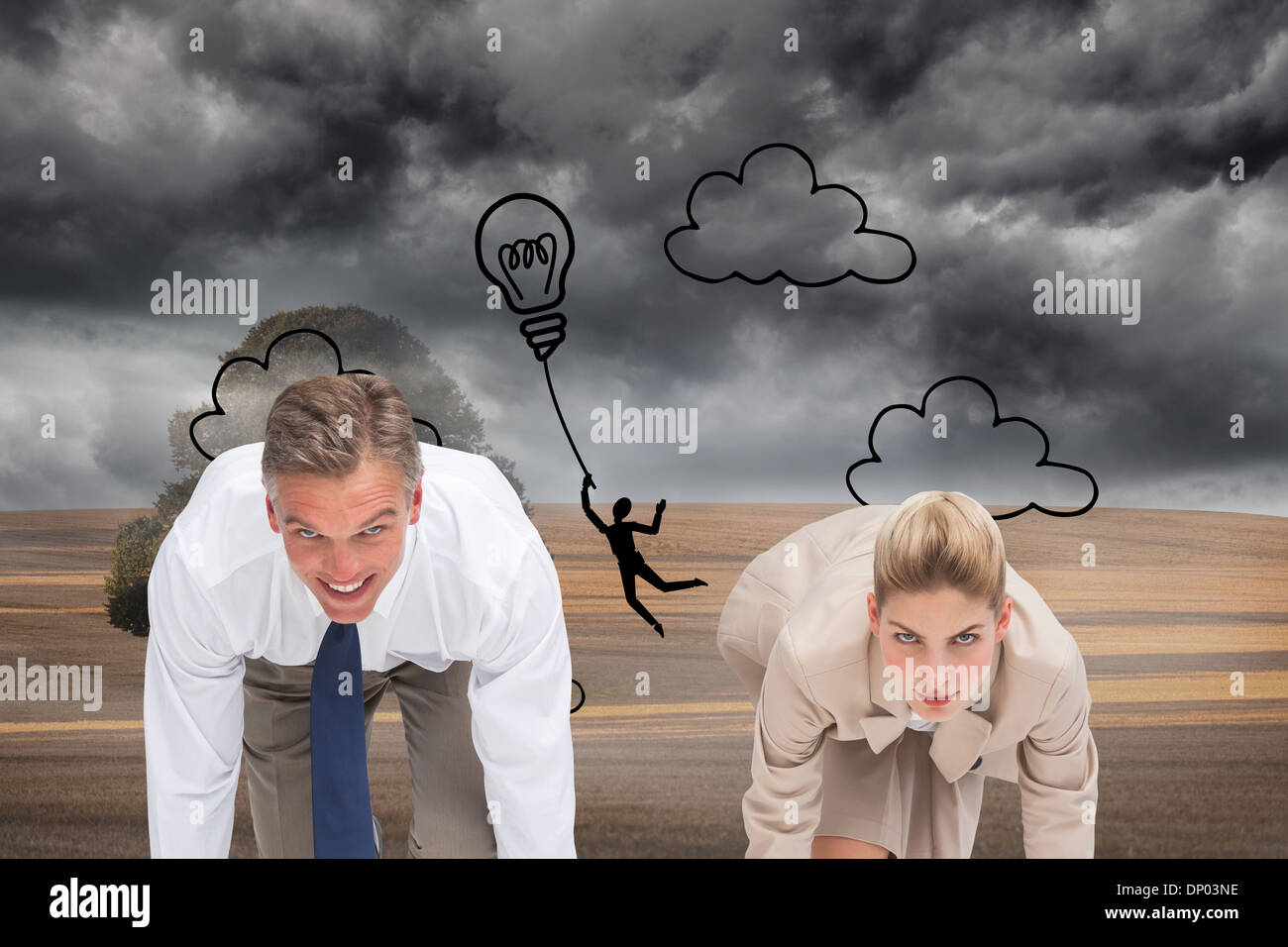 Zusammengesetztes Bild von Geschäftsleuten Rennen startbereit Stockfoto