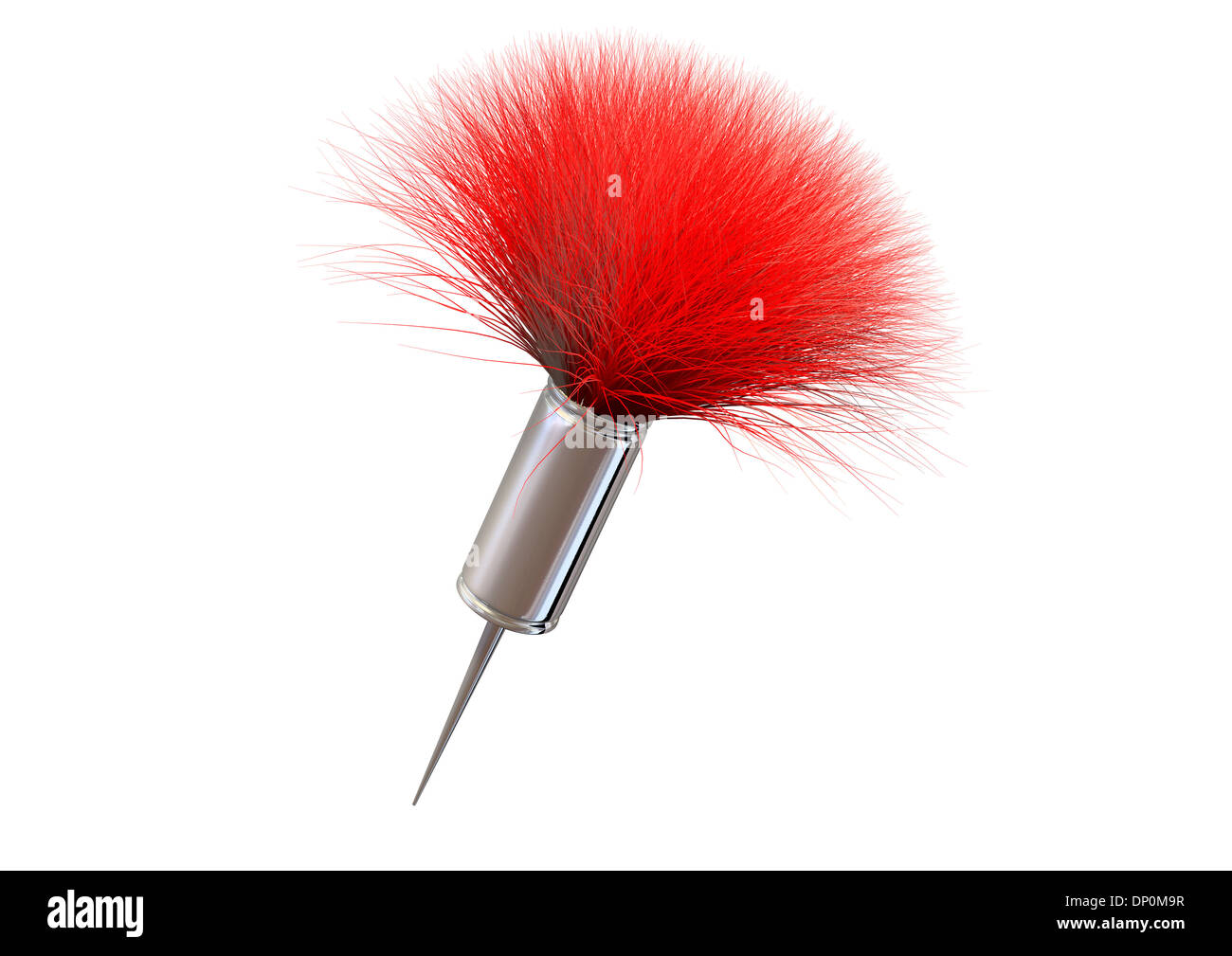 Eine regelmäßige Metall Betäubungspfeil rot gefiederte Schwanz auf einem isolierten weißen Hintergrund Stockfoto