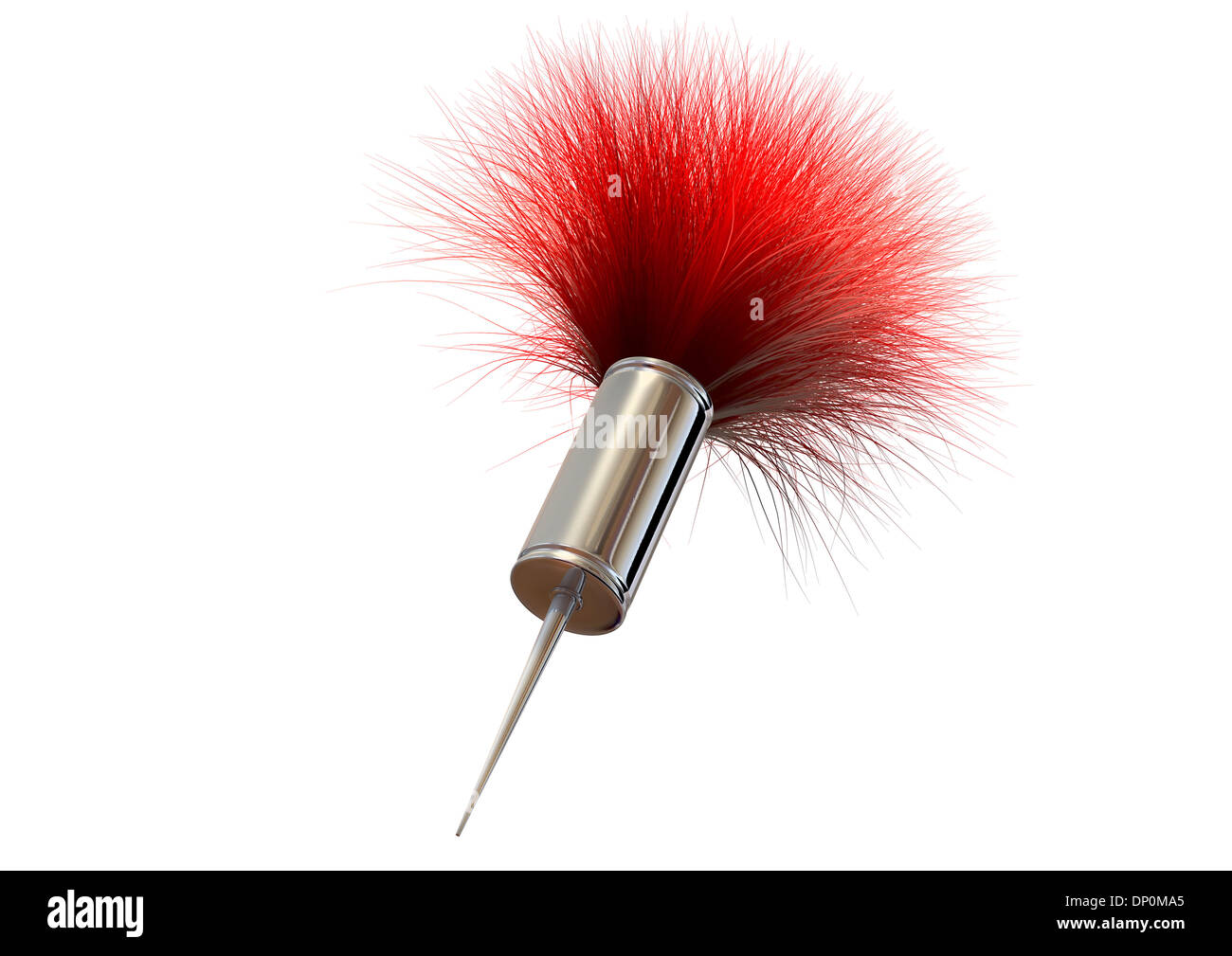 Eine regelmäßige Metall Betäubungspfeil rot gefiederte Schwanz auf einem isolierten weißen Hintergrund Stockfoto