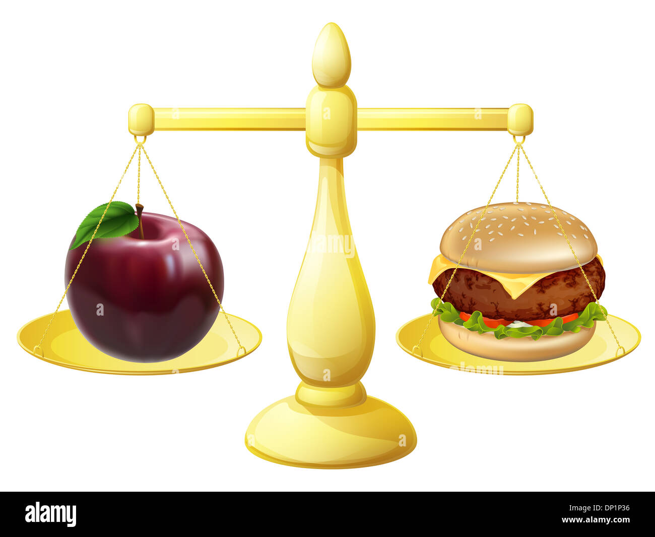 Gesunde Ernährung Entscheidung Konzept für einen Apfel und Burger auf eine Reihe von Skalen Stockfoto