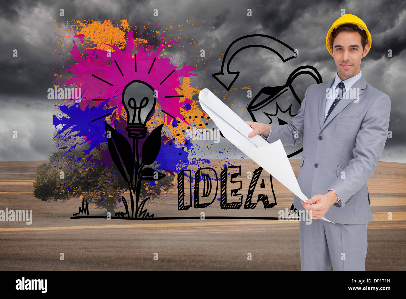 Zusammengesetztes Bild des schweren Architekten mit Schutzhelm hält Pläne Stockfoto