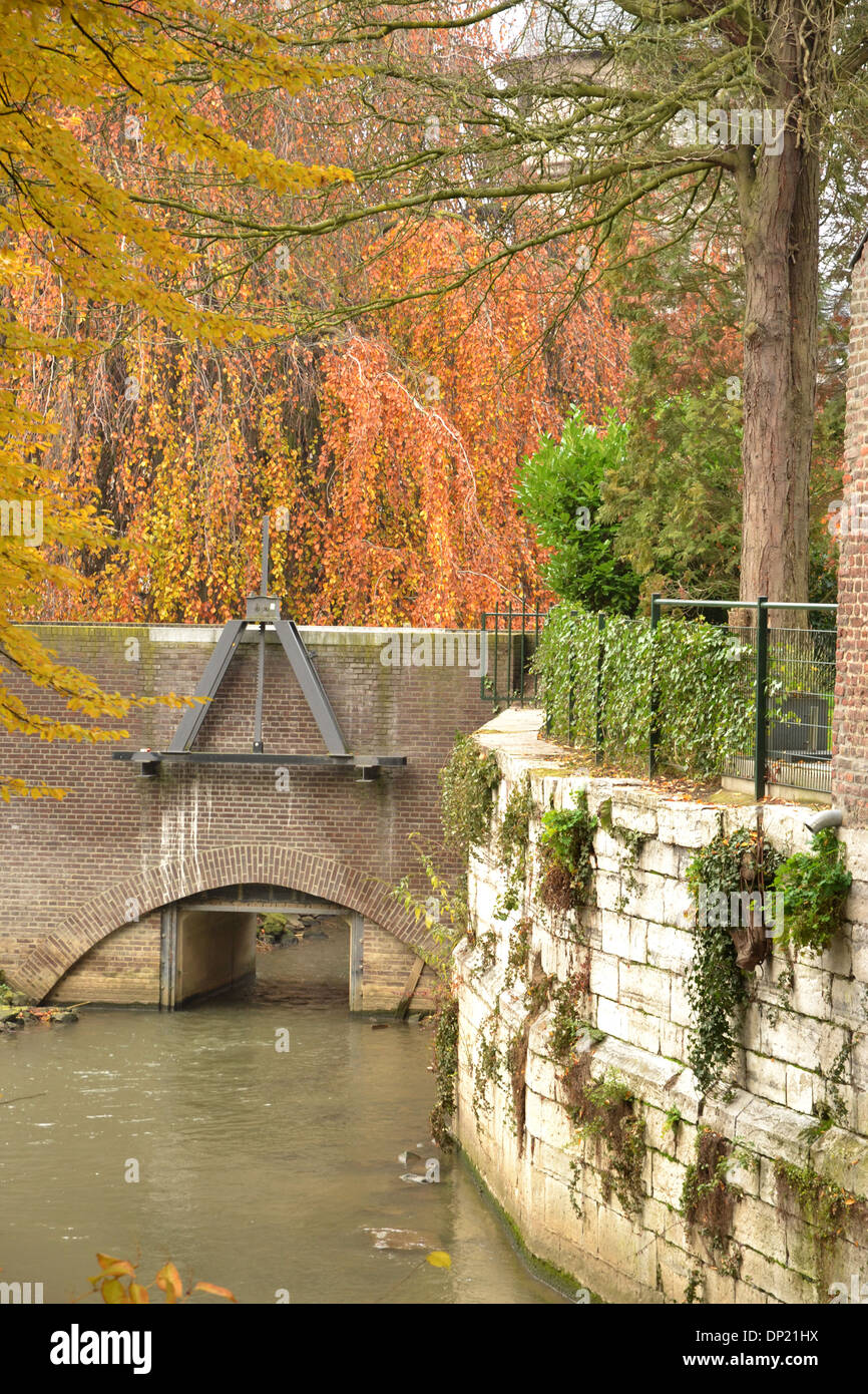 Herbstliche Bäume in der Nähe von Stadtmauer und Graben Stockfoto