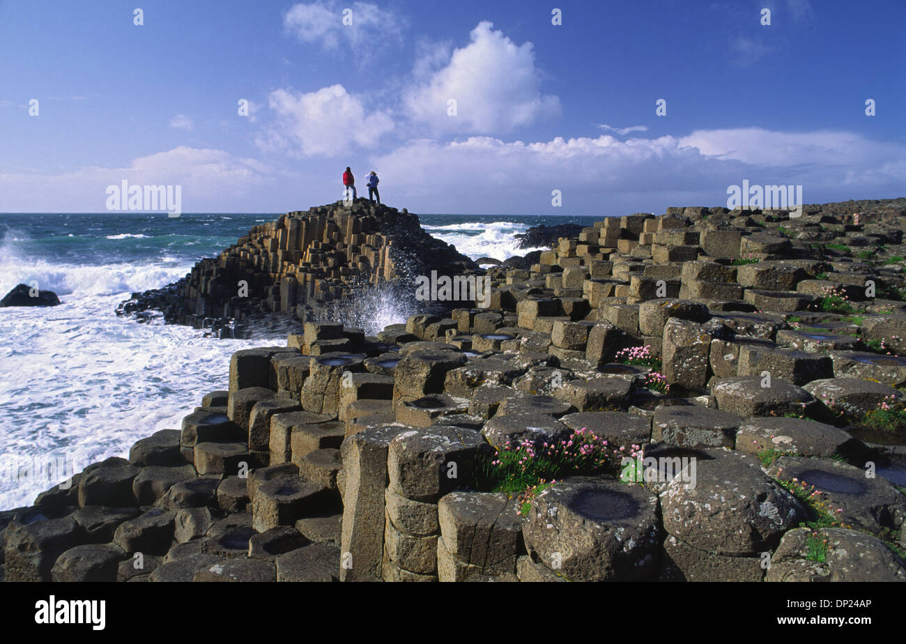 Die Leute stehen auf dem sechseckigen Basaltsäulen der Giant's Causeway, County Antrim, Nordirland. Stockfoto