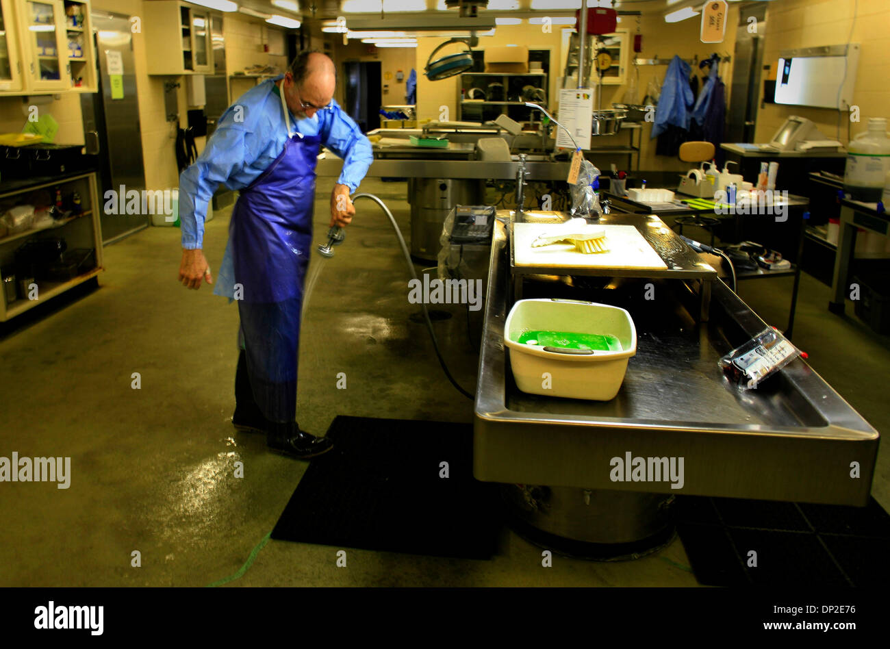 31. Mai 2006; Madison, WI, USA; Louis Sileo, Tierwelt Pathologe, bereinigt nach einer Prüfung ein Zugvogel gefunden tot auf einem Dach in Dallas. Das National Wildlife Gesundheitszentrum gehorcht sehr strenge Hygienevorschriften.  Obligatorische Credit: Foto von Steve Rice/Minneapolis Star T/ZUMA Press. (©) Copyright 2006 von Minneapolis Star T Stockfoto