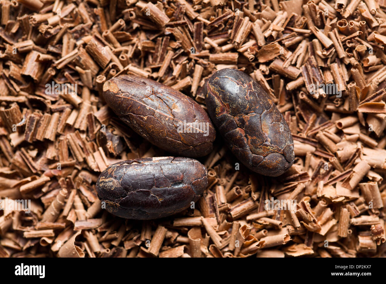 Draufsicht der Kakaobohnen mit Schokolade Späne Stockfoto