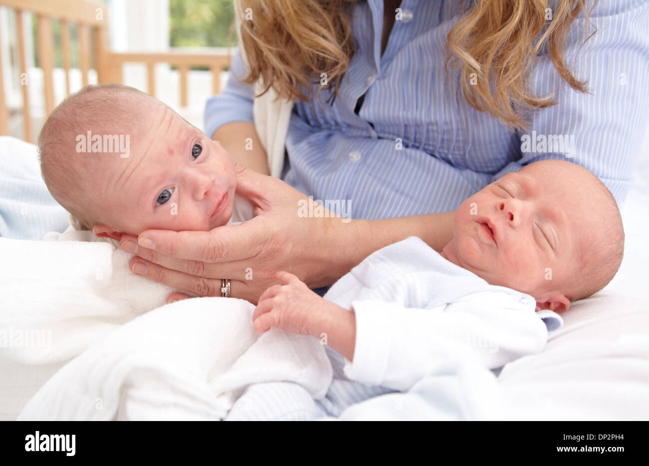 Mutter und zwei Wochen alten Zwillingen Stockfoto