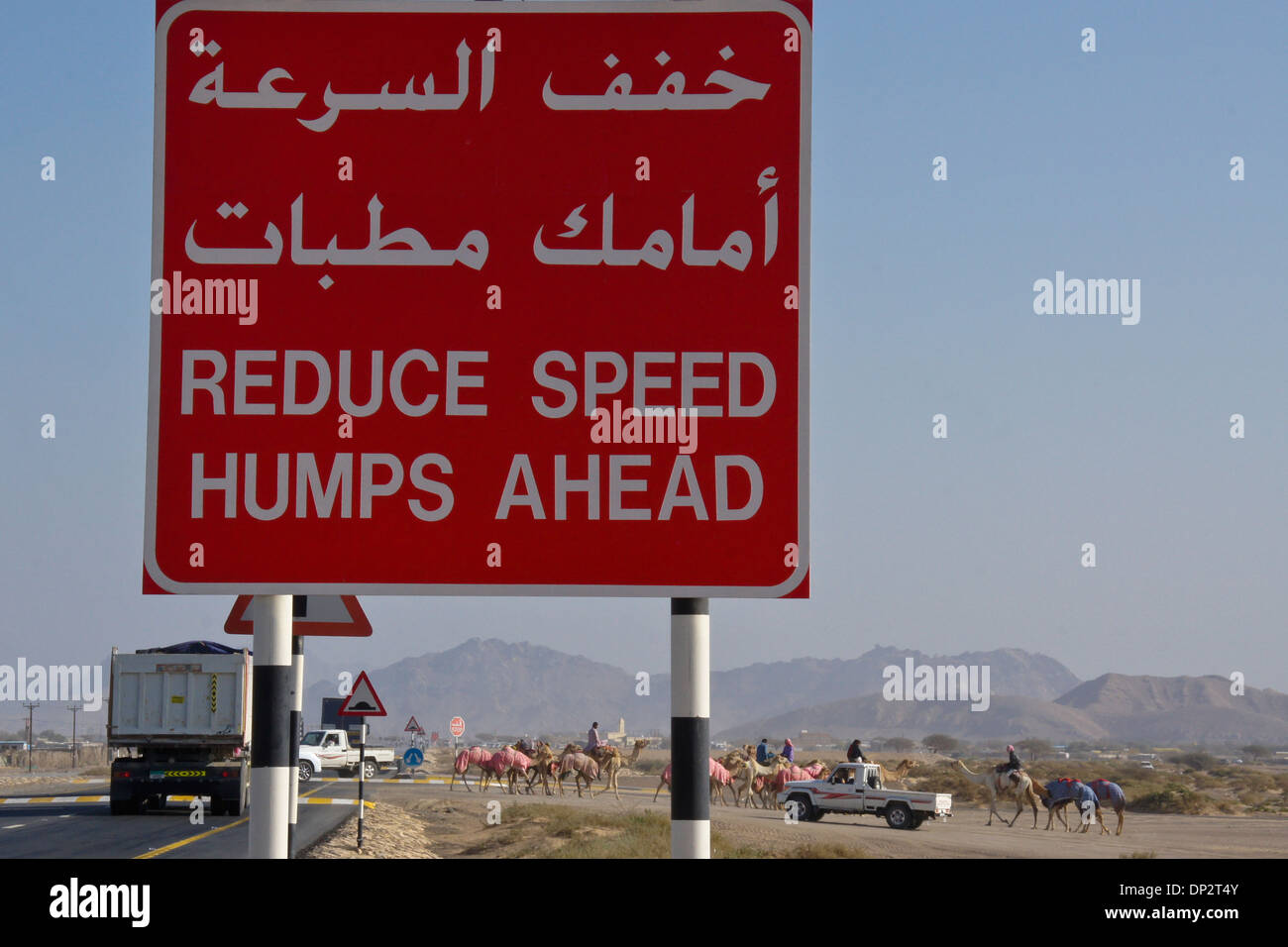 Verkehrszeichen in der Nähe von Kamel Kreuzung am Al-Malagit Rennstrecke, Abu Dhabi, Vereinigte Arabische Emirate Stockfoto