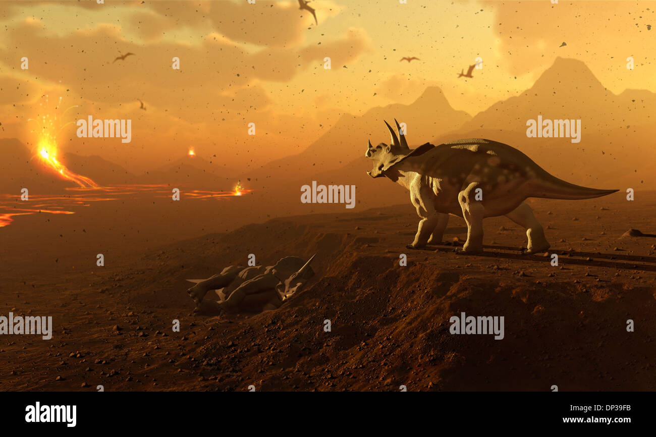 Triceratops und Vulkanlandschaft Stockfoto