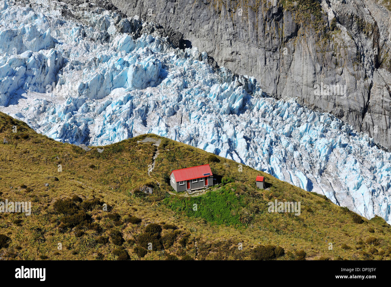 Berghütte, Franz Josef Gletscher, Westland Nationalpark, Südalpen, West Coast, Südinsel, Neuseeland Stockfoto