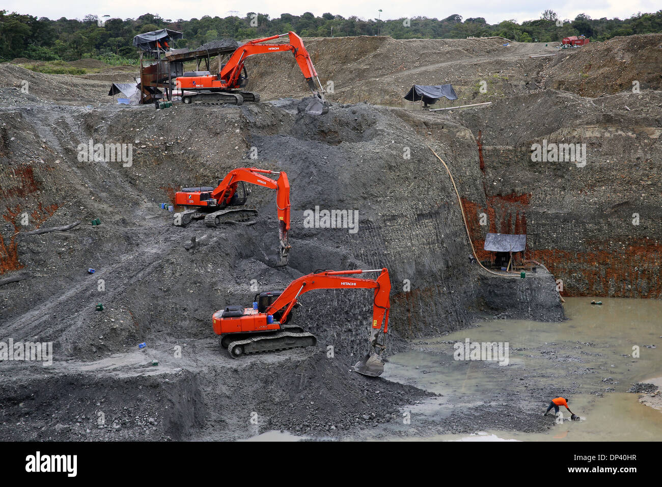 Bagger in einem Tagebau Goldmine in Columbia, Provinz Chocó, Lateinamerika Stockfoto