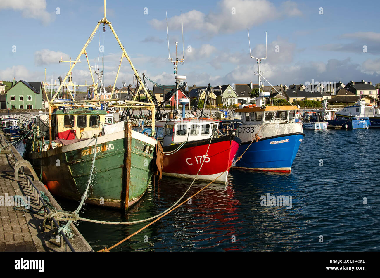 Bunte Fischerboote in Dingle Harbour, Dingle Peninsula, Irland. Stockfoto