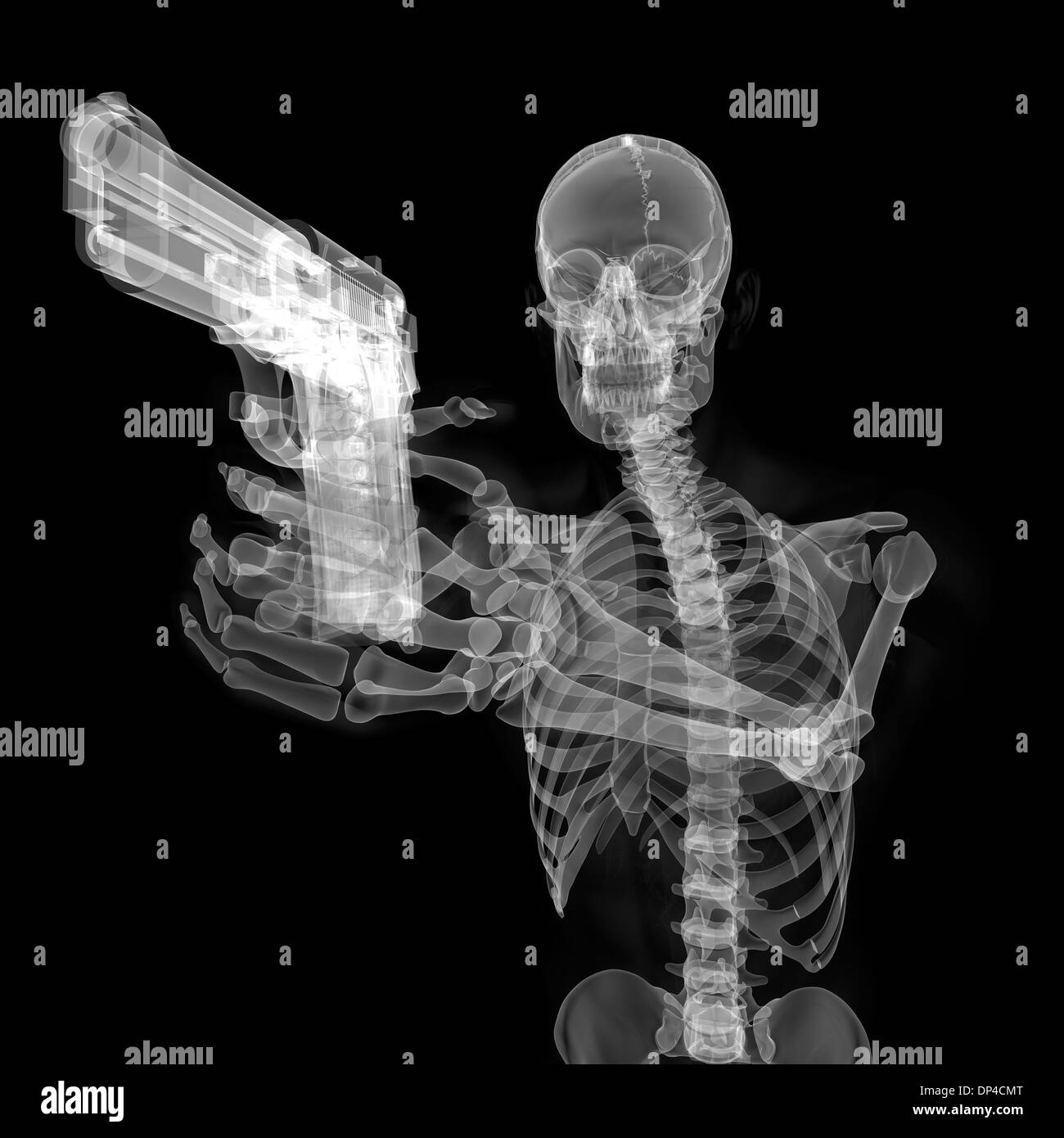 Skelett mit Pistole, Kunstwerk Stockfoto