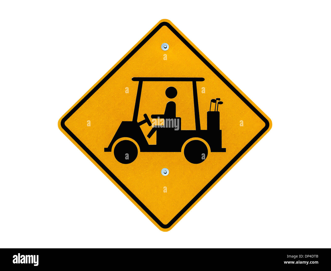 Golf-Cart überqueren Vorsicht Straßenschild mit Beschneidungspfad isoliert. Stockfoto
