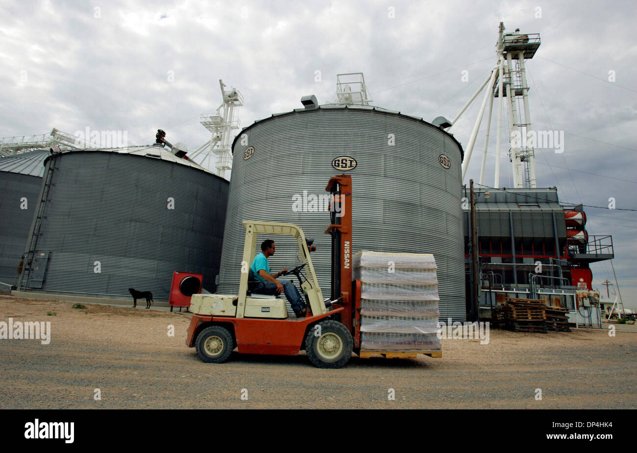 12. August 2006; Dumas, TX, USA; Harold Grall bewegt sich eine Palette von Private Label Mineralwasser für einen Client zu holen Freitag, 28. Juli 2006 auf seiner Farm in der Nähe von Dumas. Grall hat damit begonnen, ein Wasserwerk, Abfüllung von Wasser aus dem Ogallala Aquifer, in einer Bemühung, seine Abhängigkeit von wachsenden bewässerten Mais zu reduzieren. Geschätzte Dürreschäden für Texas haben $ 4,1 Milliarden, Bedeckungsveränderlichen $2,1 erreicht. Stockfoto